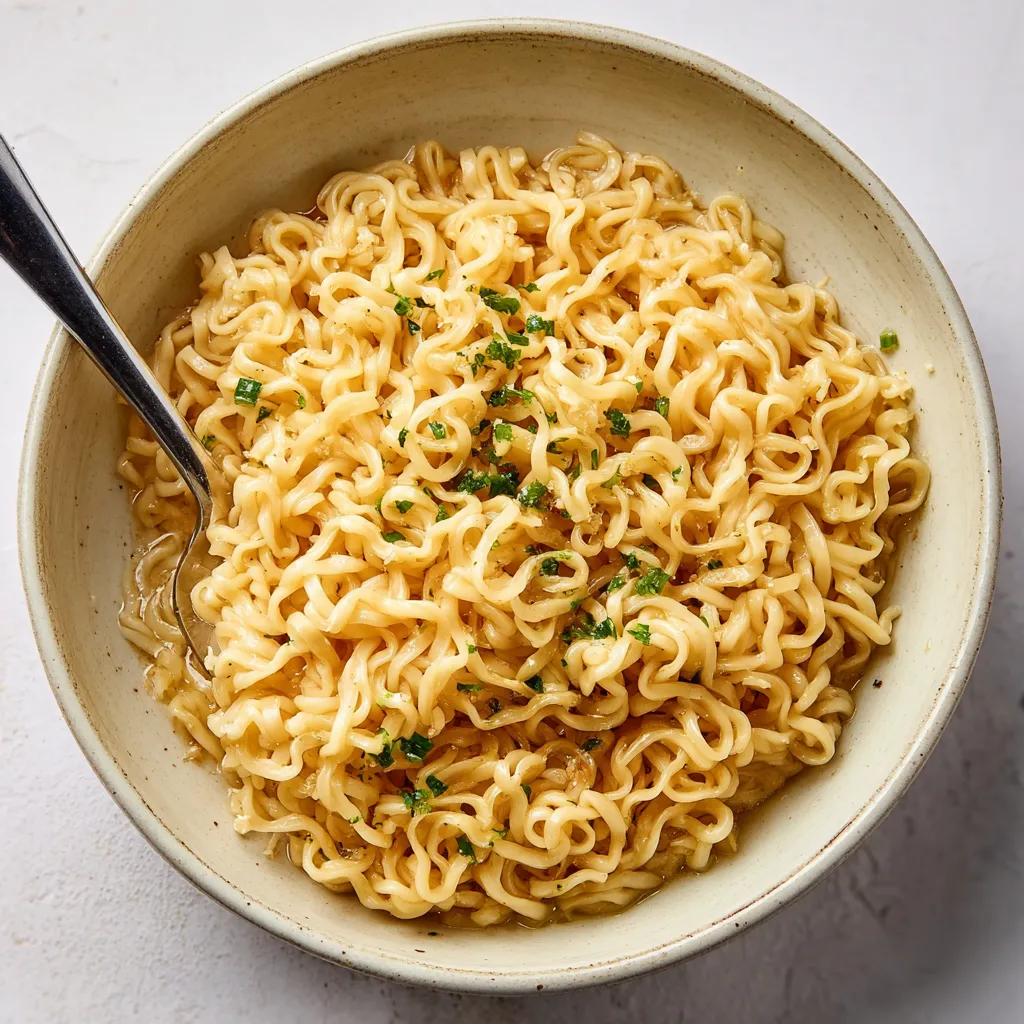 A bowl of noodles with a green garnish.
