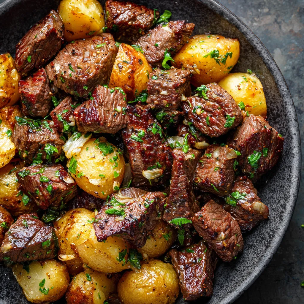 A bowl of meat and potatoes.
