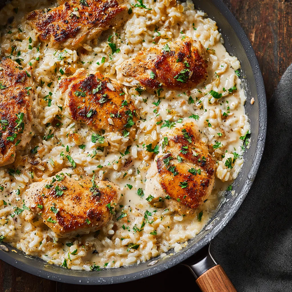 A pan of rice with chicken and herbs.