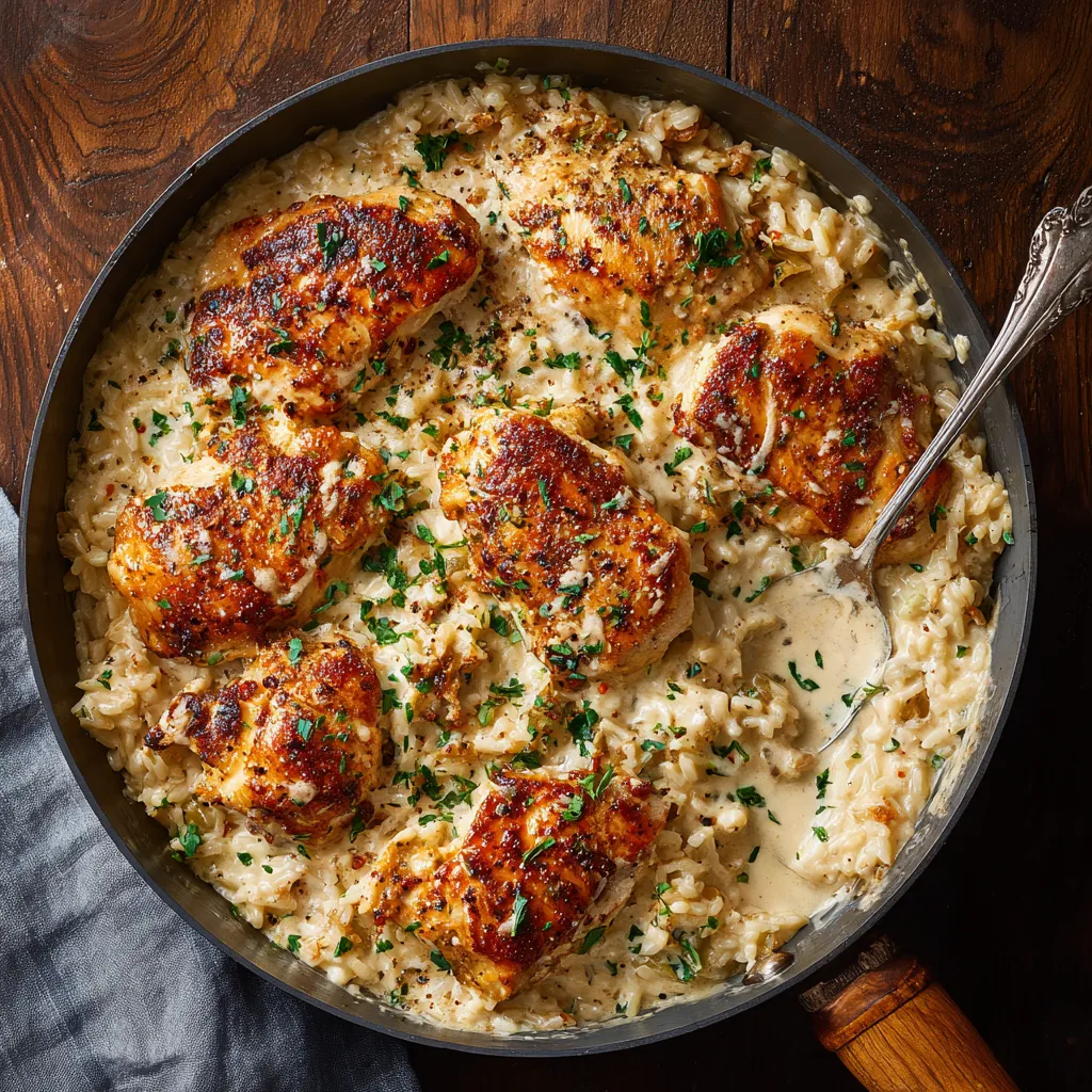 A pan of food with chicken and rice.