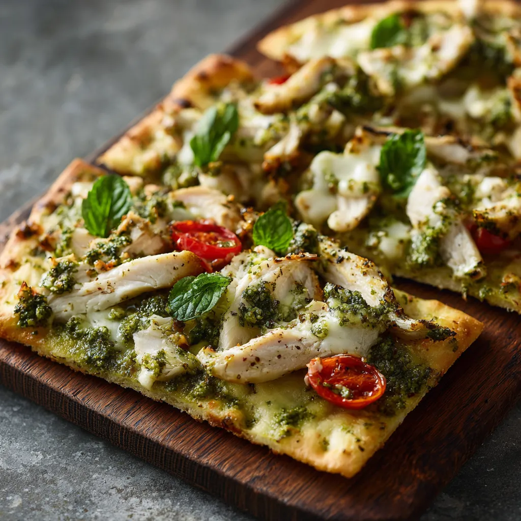 A pizza with chicken and tomatoes on a wooden board.