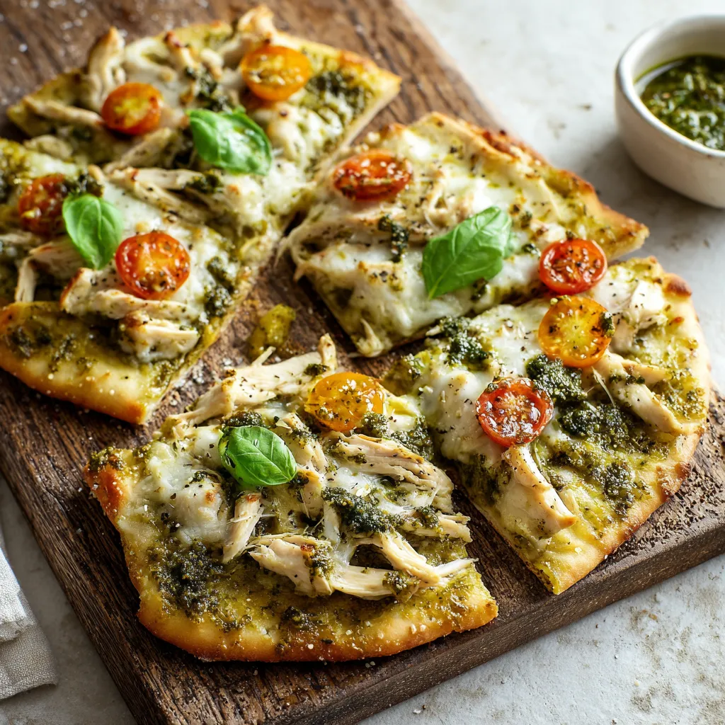 A pizza with chicken and tomatoes on a wooden board.