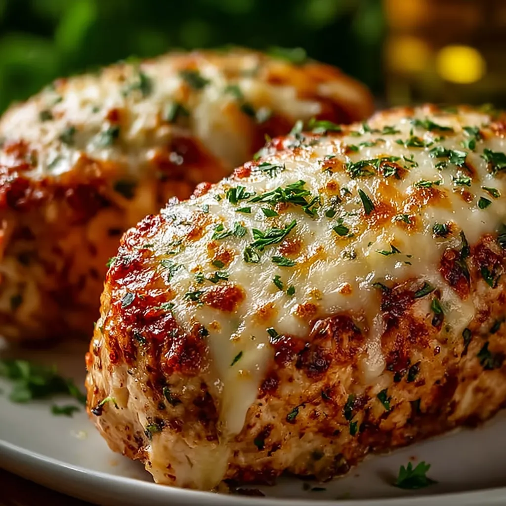 Two pieces of chicken with cheese on a plate.
