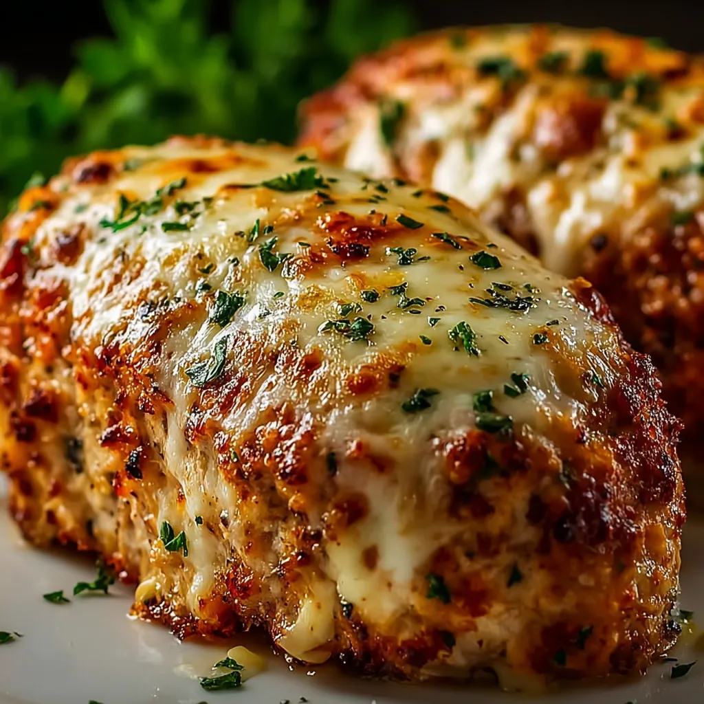 Two pieces of chicken with cheese on top.