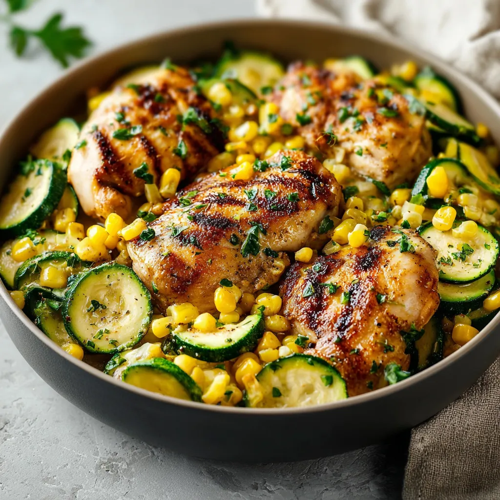 A bowl of food with chicken, corn, and zucchini.
