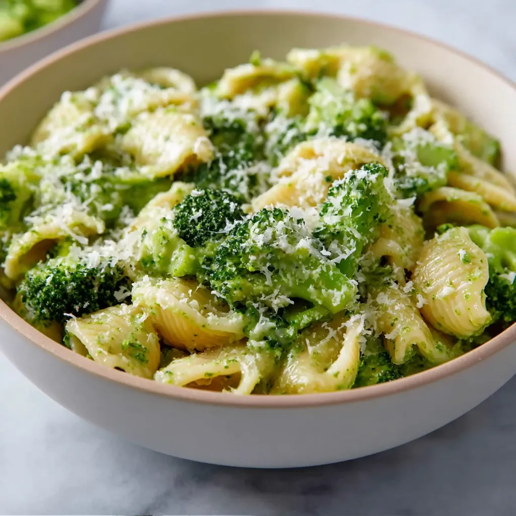 A bowl of pasta with broccoli and cheese.