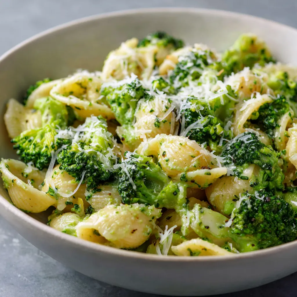 A bowl of pasta with broccoli and cheese.