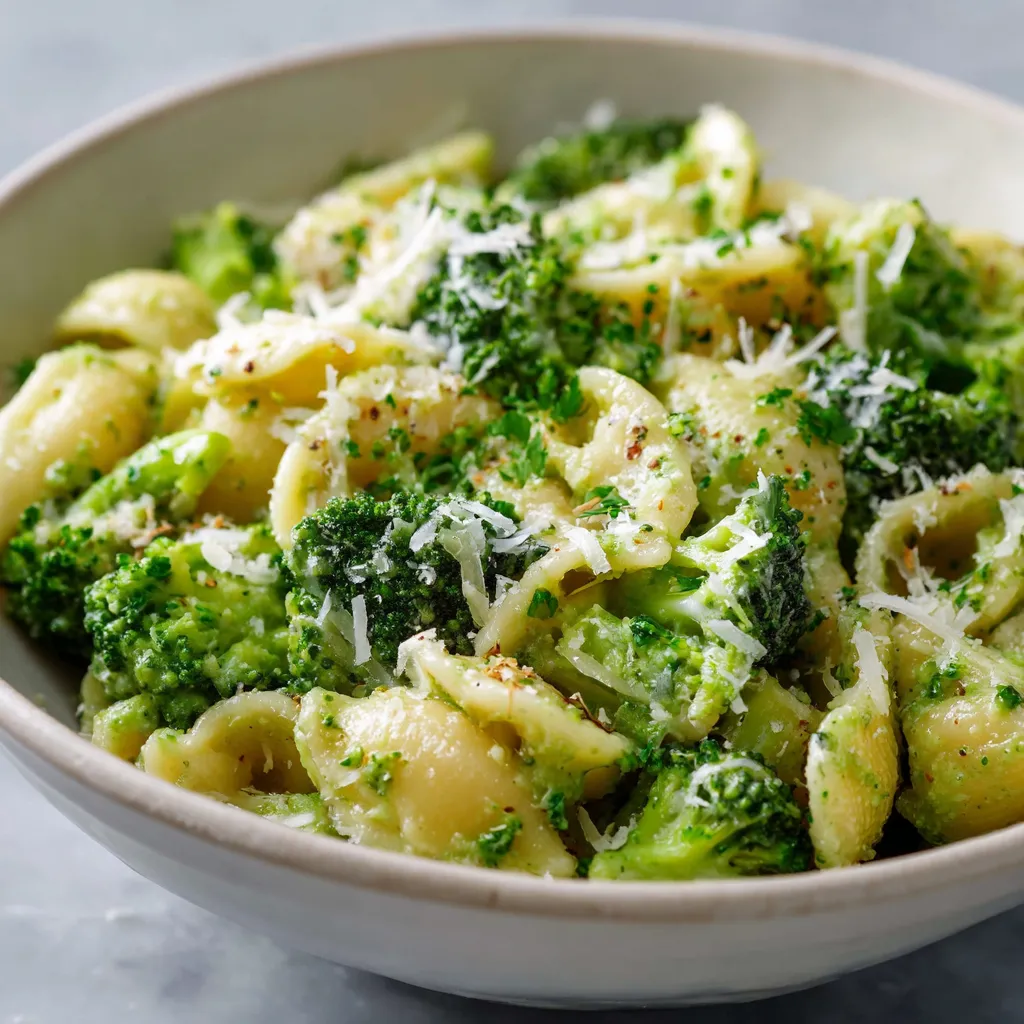 A bowl of pasta with broccoli and cheese.