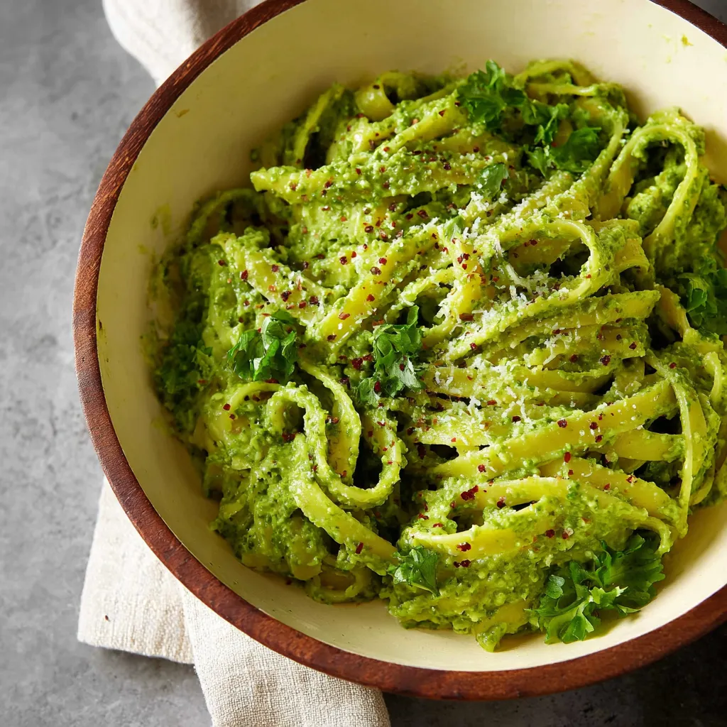 A bowl of pasta with green sauce.