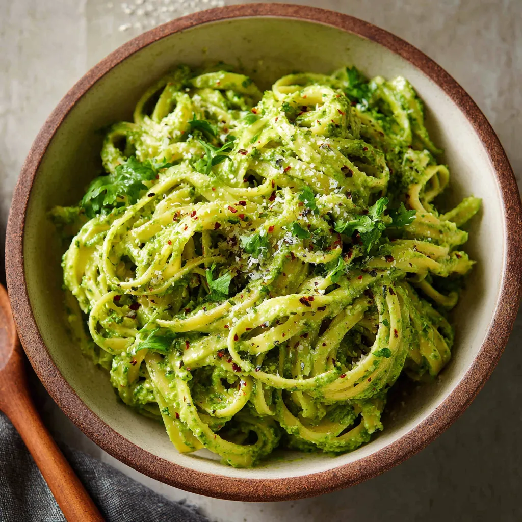 A bowl of pasta with green sauce.
