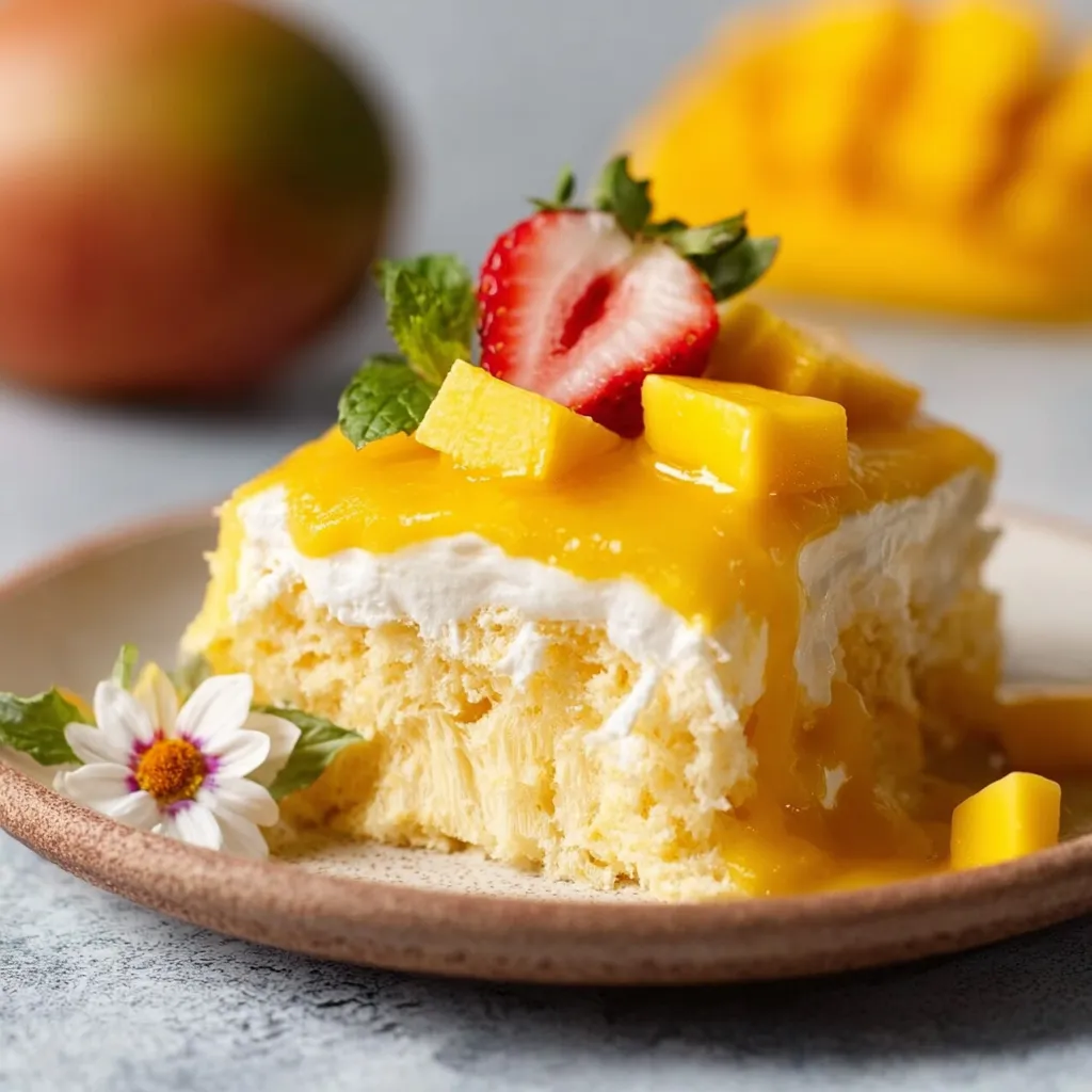 A slice of cake with strawberries and mango on top.