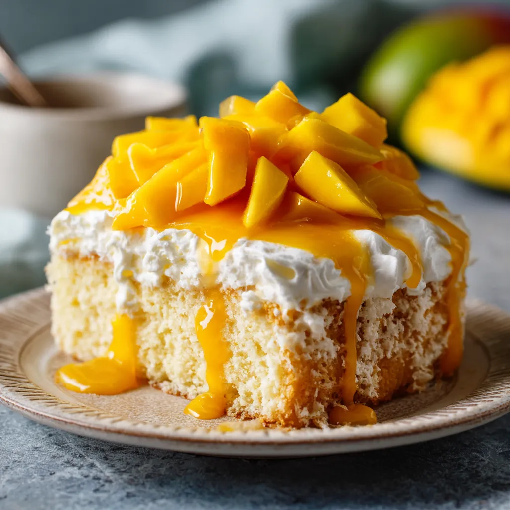 A slice of cake with white frosting and yellow fruit on top.