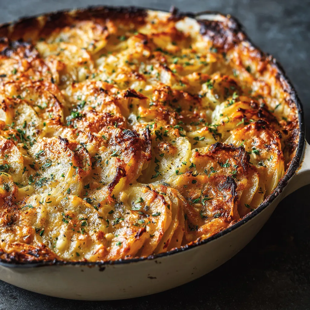 A baked dish with potatoes and cheese.