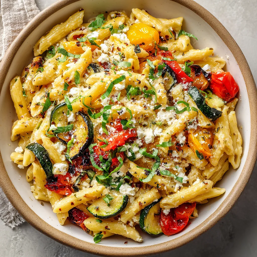 A bowl of pasta with vegetables.