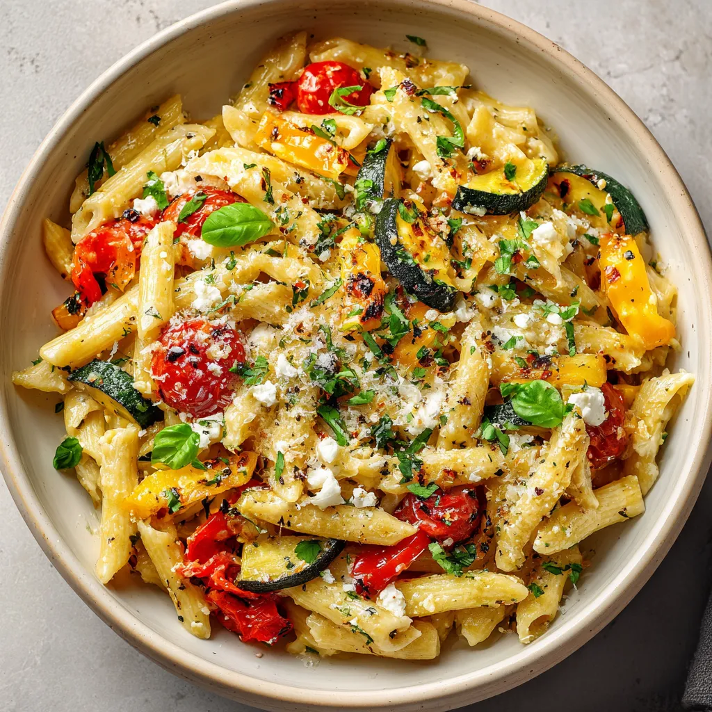A bowl of pasta with tomatoes, zucchini, and cheese.