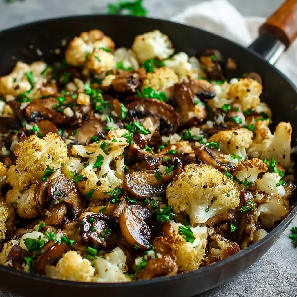 A pan of vegetables with mushrooms and cauliflower.