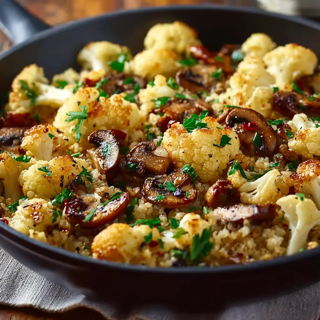 A pan of food with mushrooms, cauliflower, and broccoli.