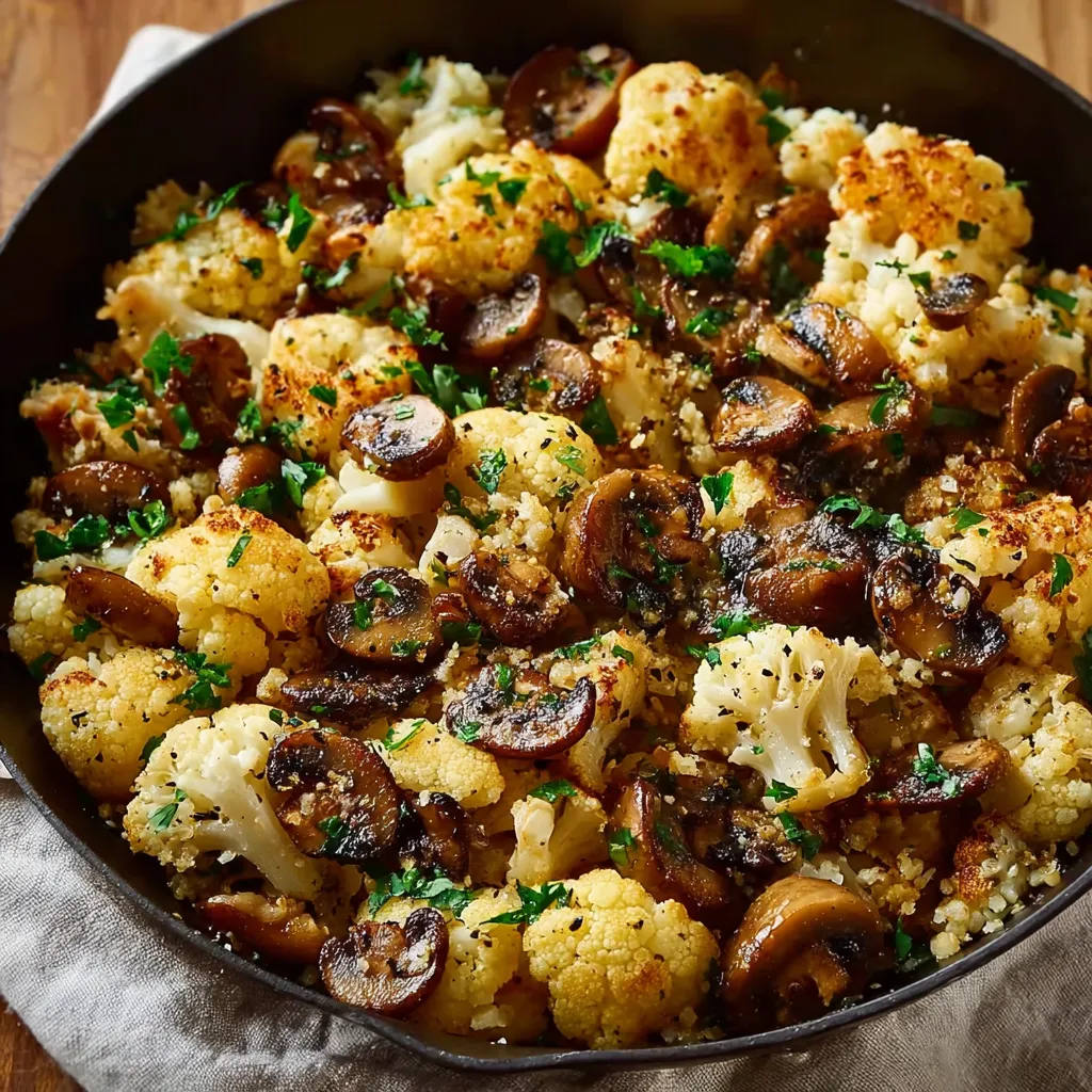 A bowl of food with mushrooms and cauliflower.