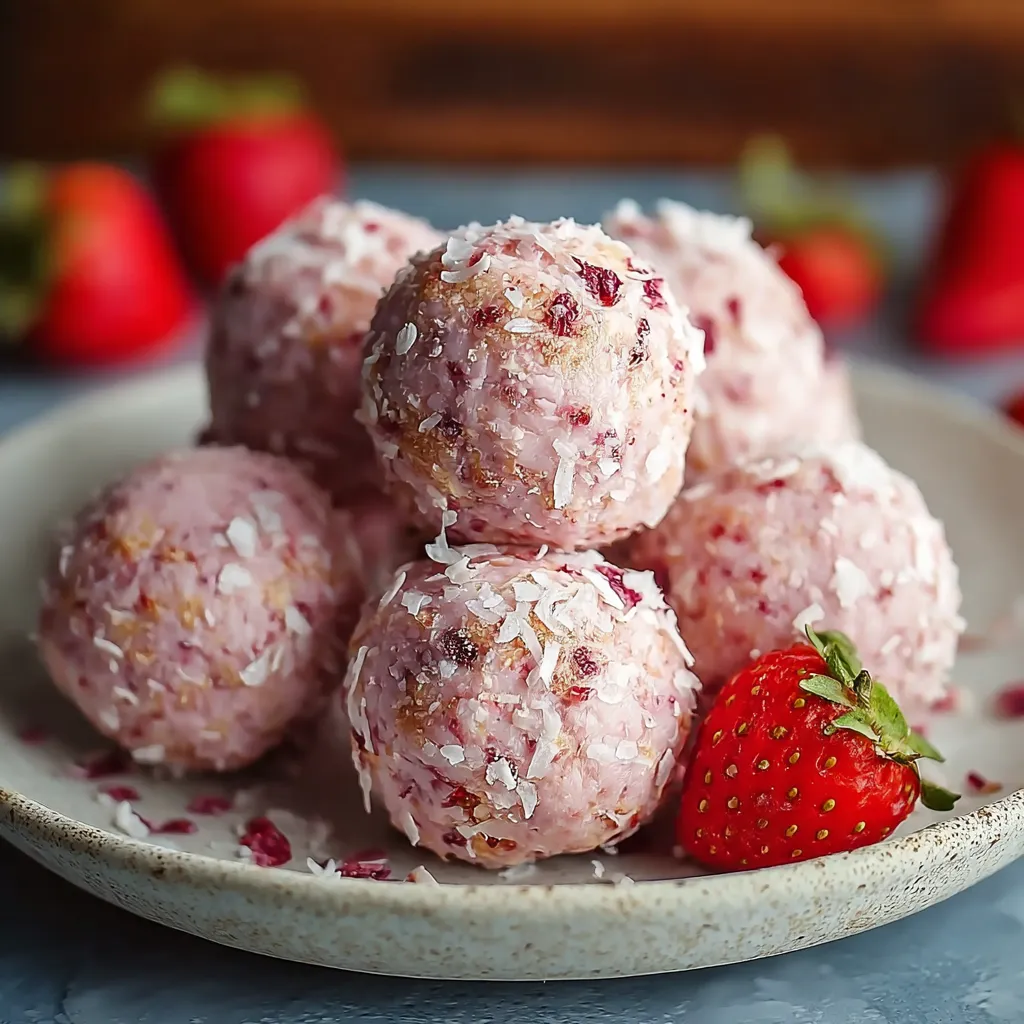 A plate of pink balls with strawberries.