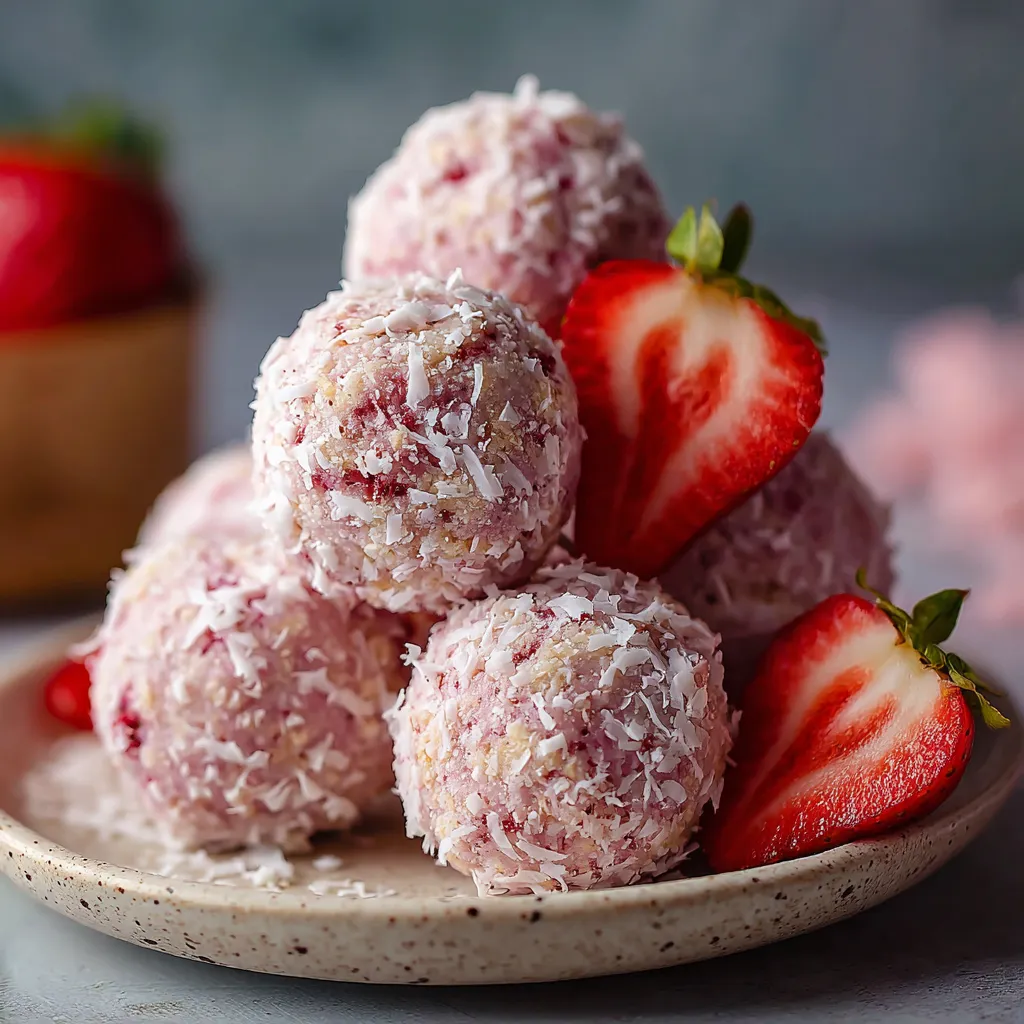 A plate of strawberries and coconut balls.