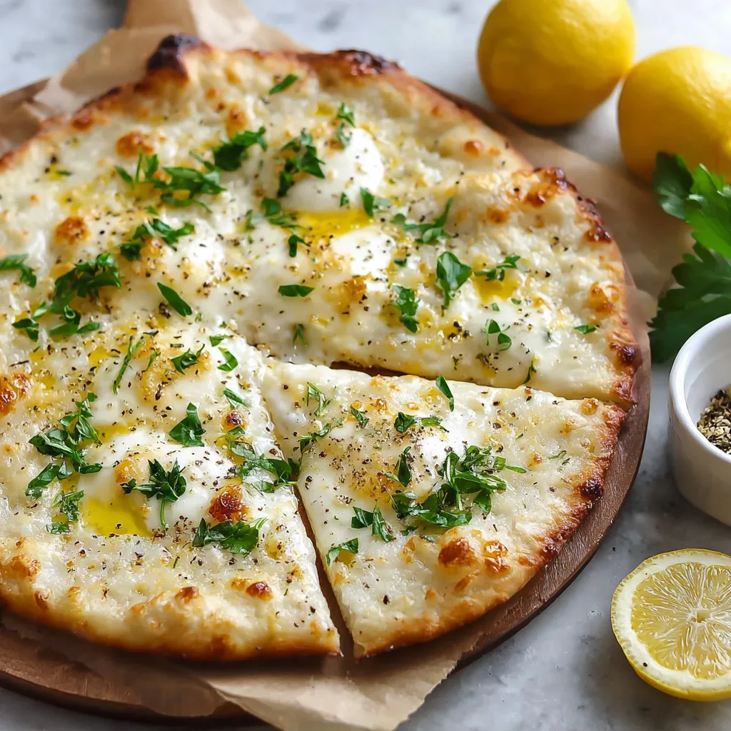 A pizza with cheese and herbs on top.