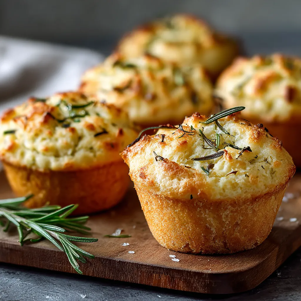 Three muffins with herbs on a wooden board.