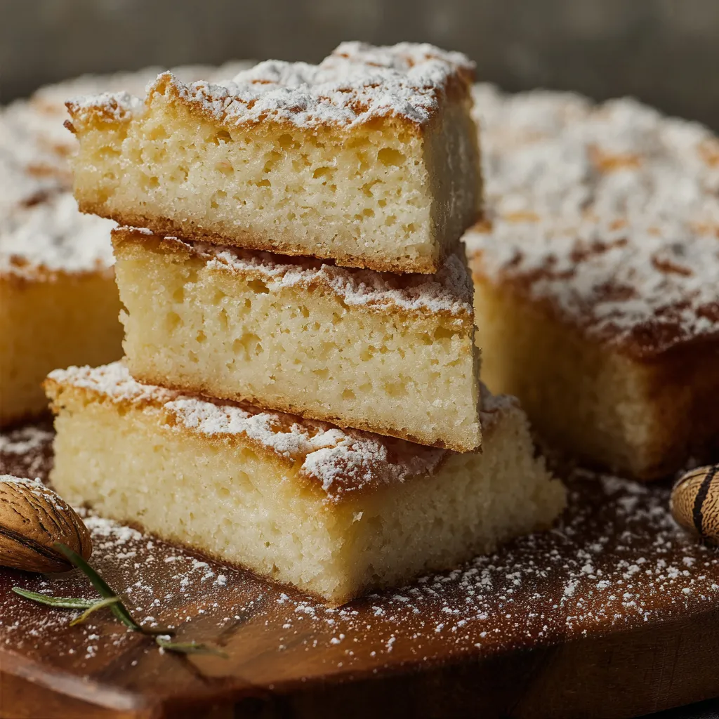 A stack of cake with powdered sugar on top.