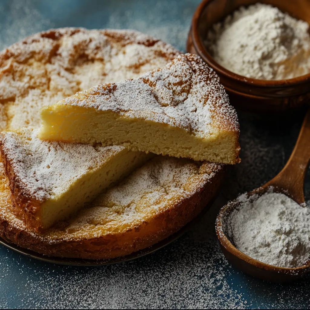 A slice of cake with powdered sugar on top.