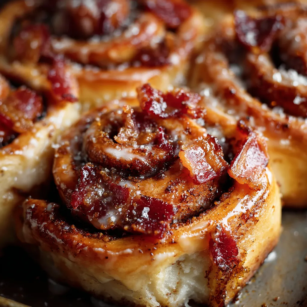Bacon wrapped cinnamon rolls on a plate.