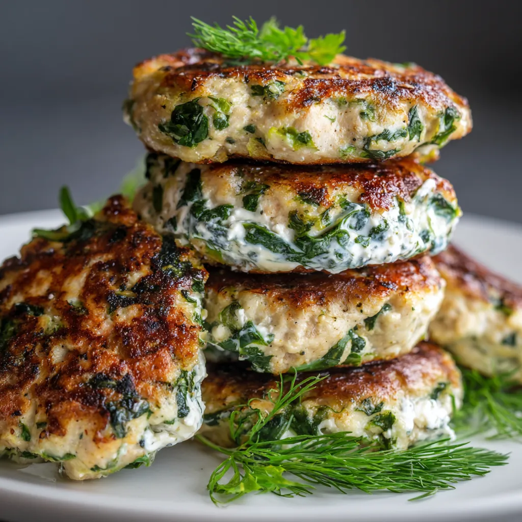 A stack of meat patties with greens on top.