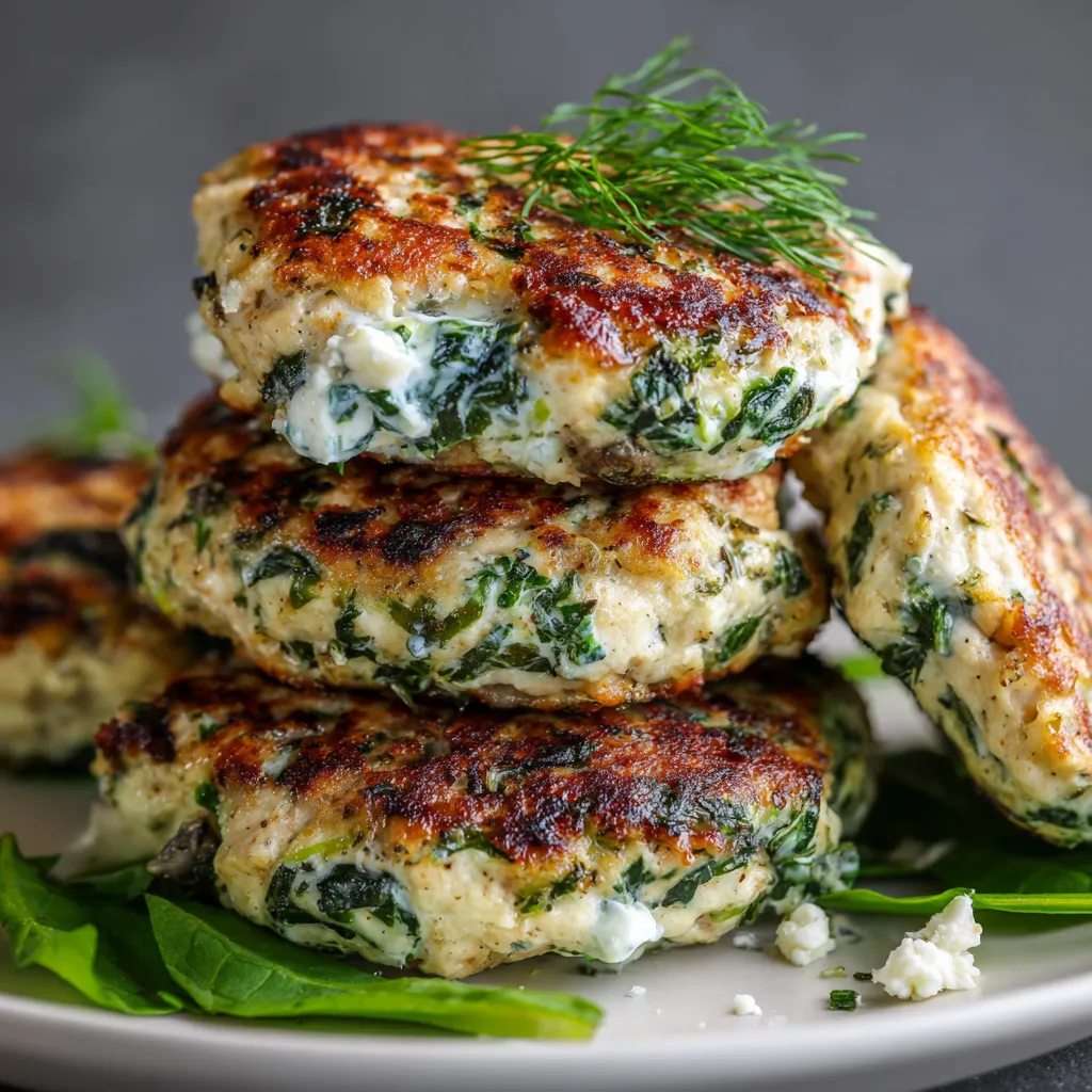 A stack of three patties with greens on top.