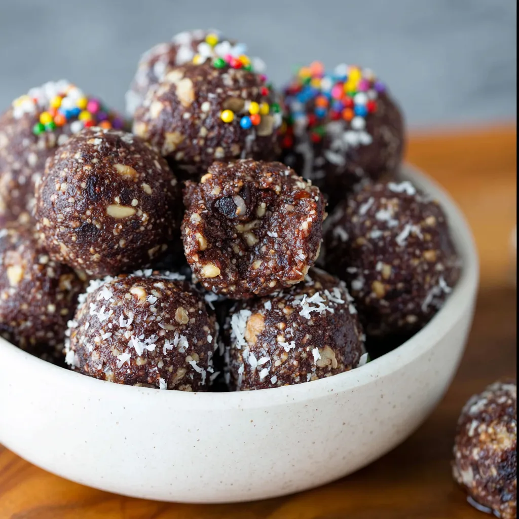 A bowl of chocolate covered balls with sprinkles.