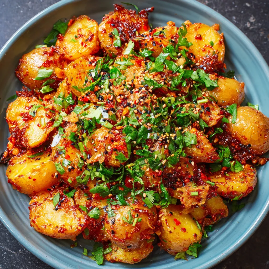 A bowl of food with potatoes, onions, and herbs.