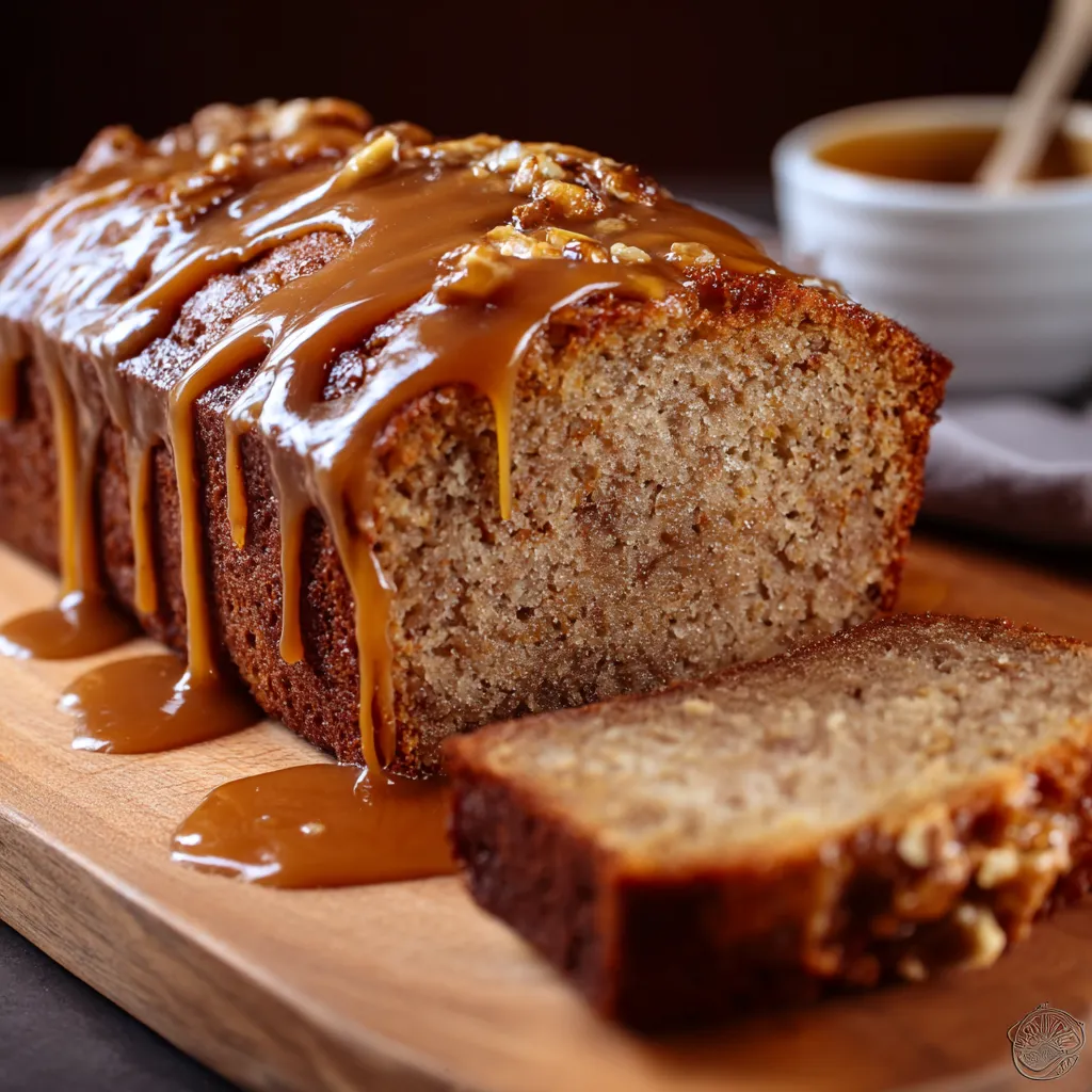 A slice of bread with caramel drizzled on top.