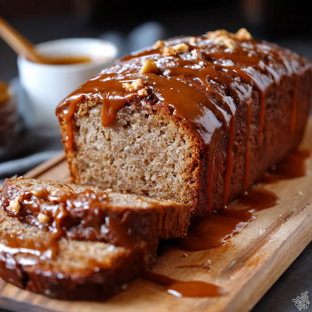 A loaf of bread with caramel sauce drizzled on top.