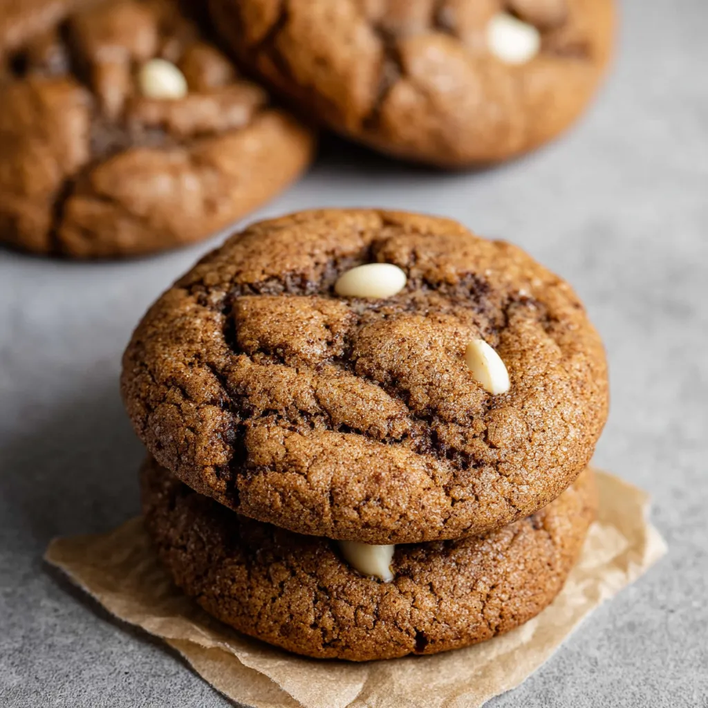 Two chocolate chip cookies with white chocolate chips.