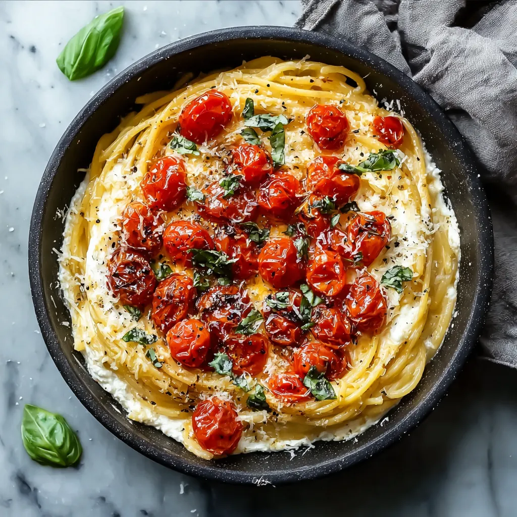 A bowl of pasta with tomatoes and basil.