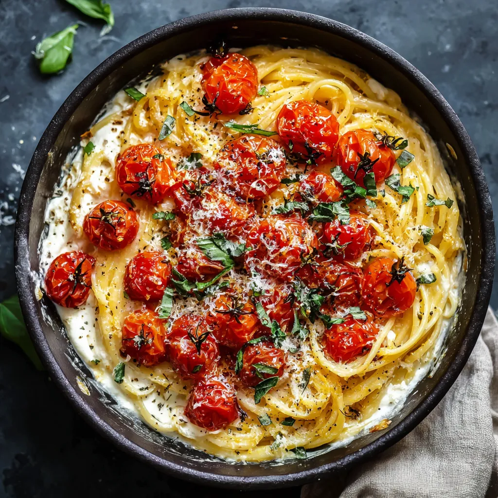 A bowl of pasta with tomatoes and cheese.
