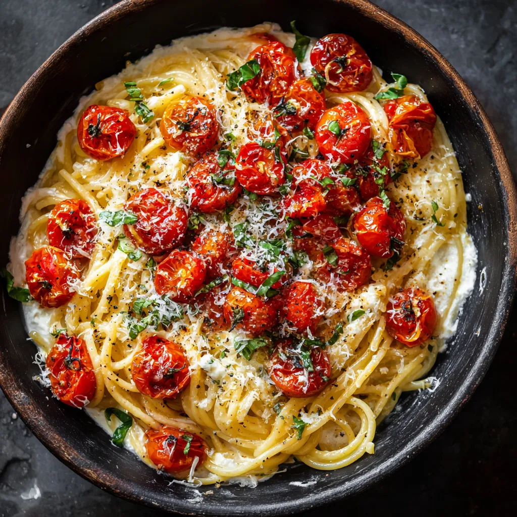 A bowl of pasta with tomatoes and cheese.