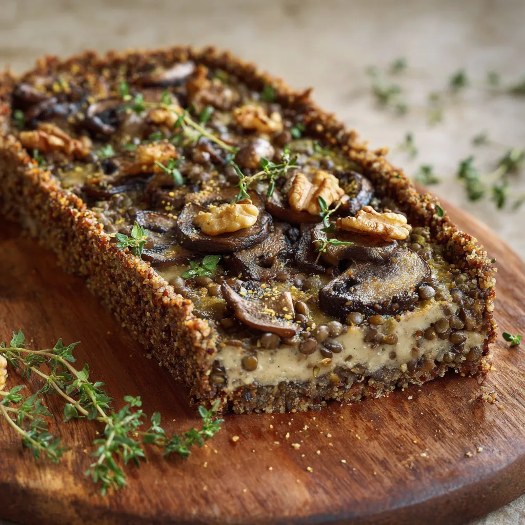 A slice of mushroom and walnut pizza on a wooden cutting board.