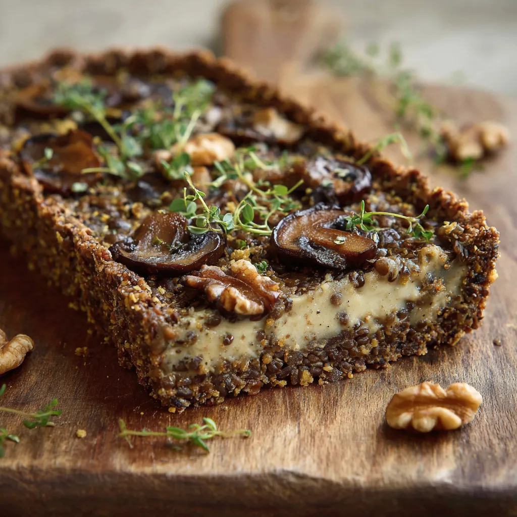 A slice of pizza with mushrooms and nuts.
