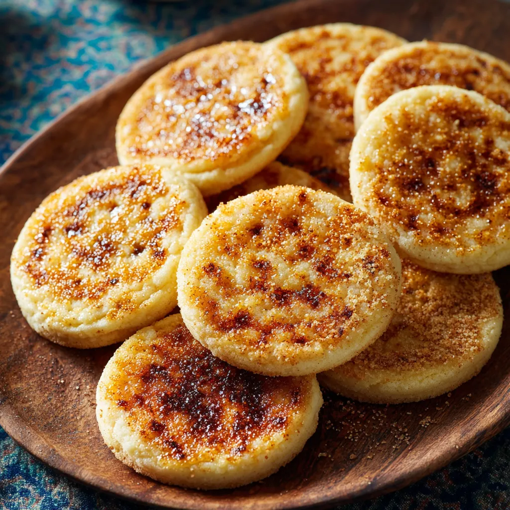 A plate of cookies with a brown crust.