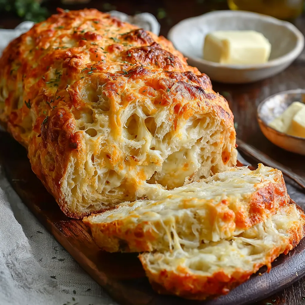 A loaf of bread with cheese and herbs on top.