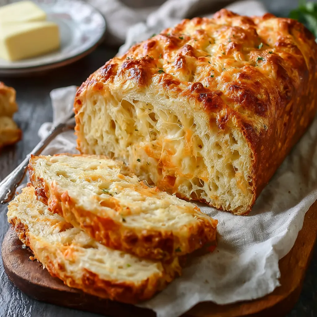 A loaf of bread with cheese and herbs on top.