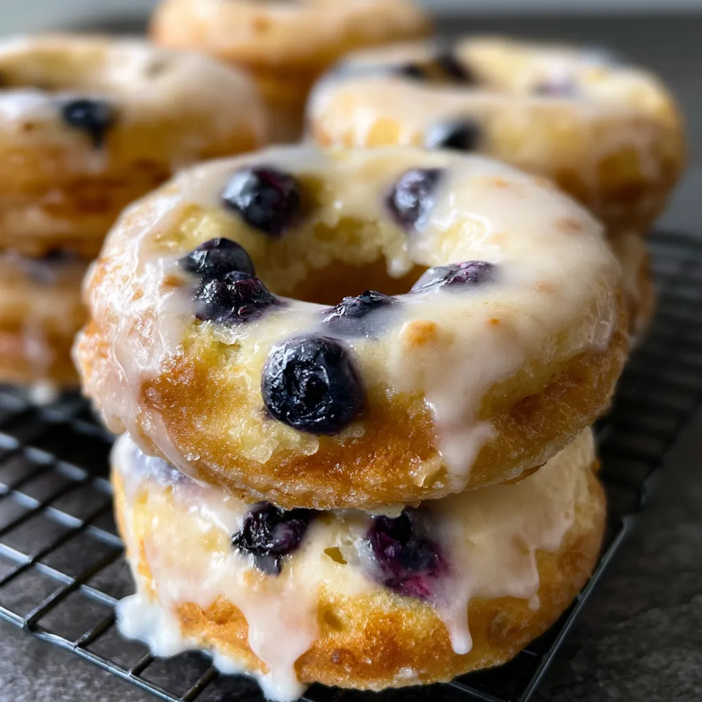 A stack of blueberry donuts.