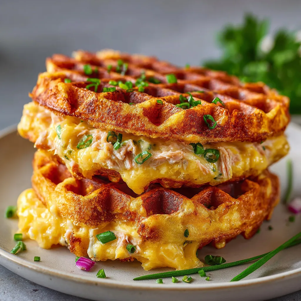 A plate of waffles with cheese and herbs on top.