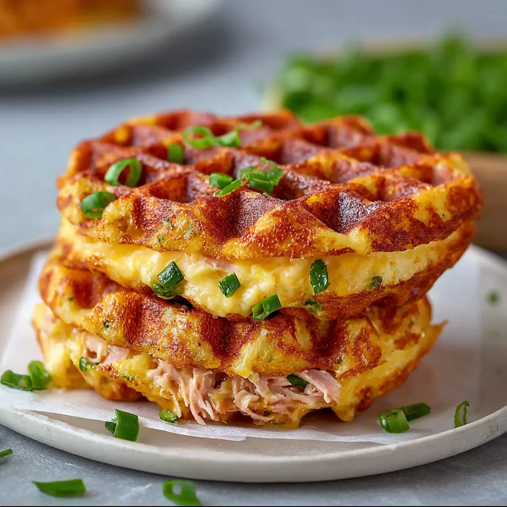 A stack of waffles with green onions on top.