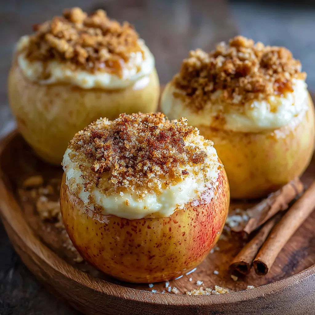 Three apples with cinnamon on a wooden table.