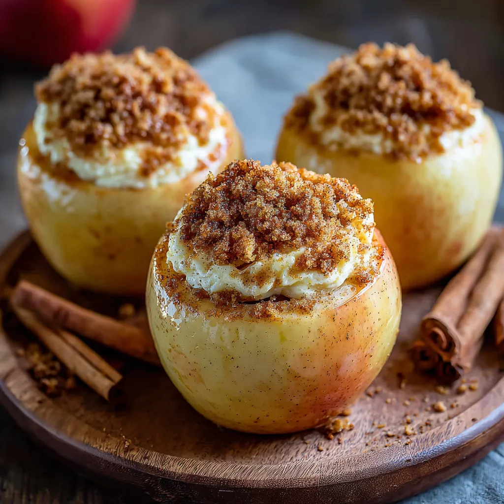 Three apple desserts with cinnamon on a wooden tray.