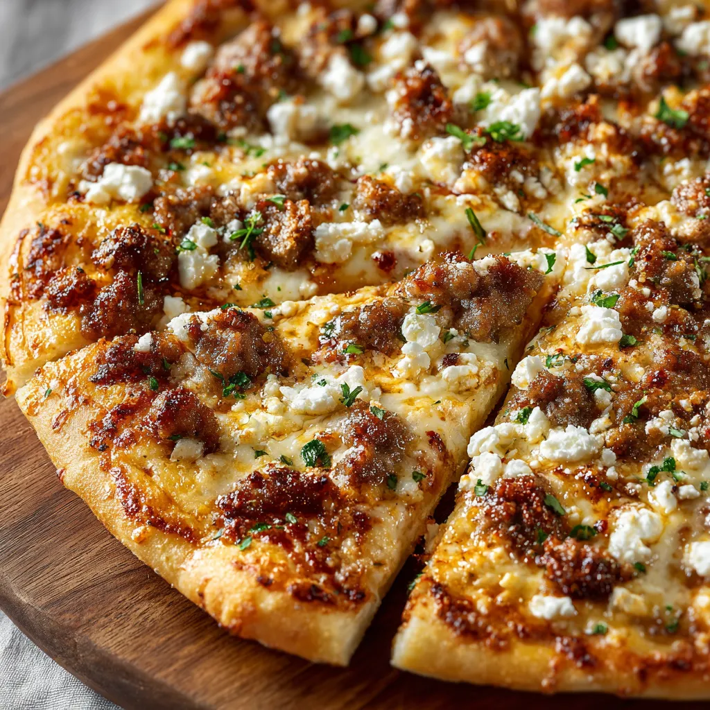 A pizza with meat and cheese on a wooden platter.